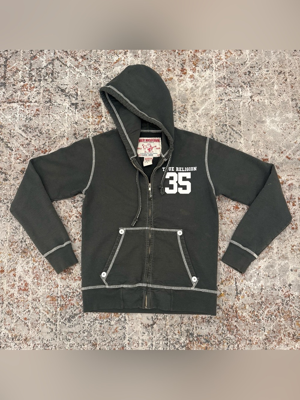 VTG True Religion "35" Classic Contrast Stitch Full Zip Hoodie Men’s Small Gray